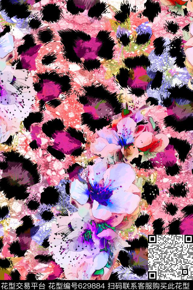 手绘花卉定位花数码印花华亿平台下载（图片编号: 629884） - 瓦栏（Walan）