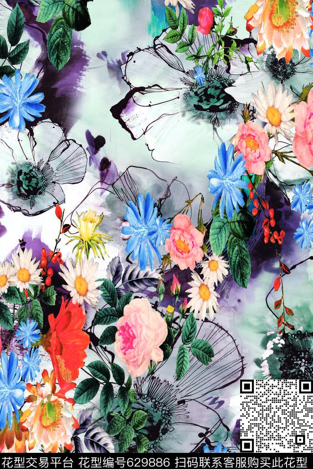 手绘花卉定位花数码印花华亿平台下载（图片编号: 629886） - 瓦栏（Walan）