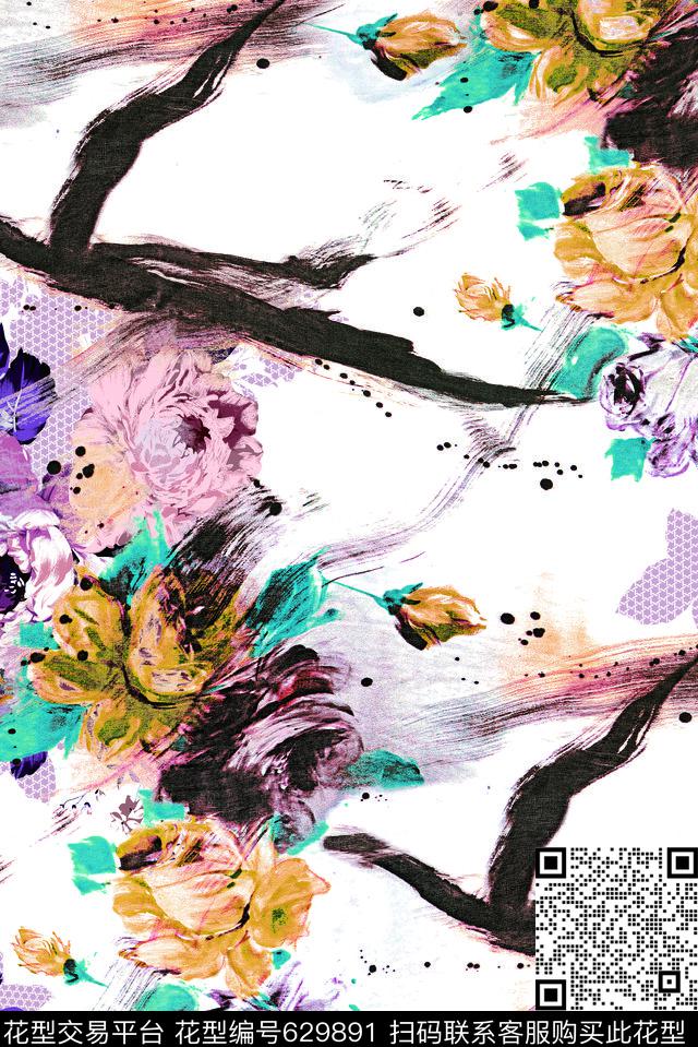 手绘花卉定位花数码印花华亿平台下载（图片编号: 629891） - 瓦栏（Walan）