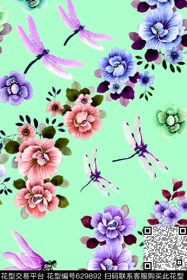 手绘花卉定位花数码印花华亿平台下载（图片编号: 629892） - 瓦栏（Walan）