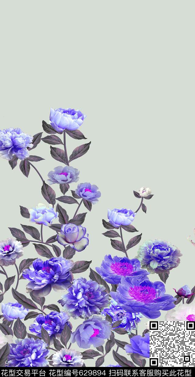 手绘花卉定位花数码印花华亿平台下载（图片编号: 629894） - 瓦栏（Walan）