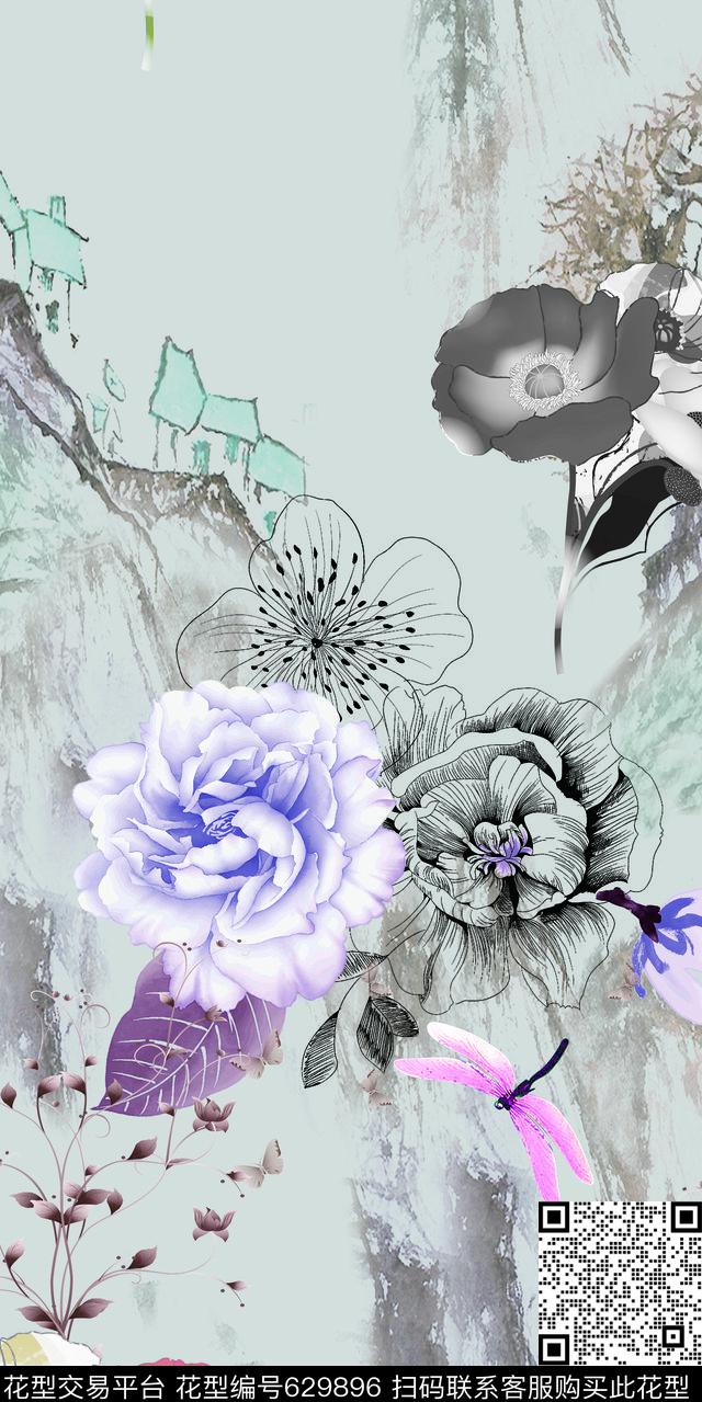 手绘花卉定位花数码印花华亿平台下载（图片编号: 629896） - 瓦栏（Walan）