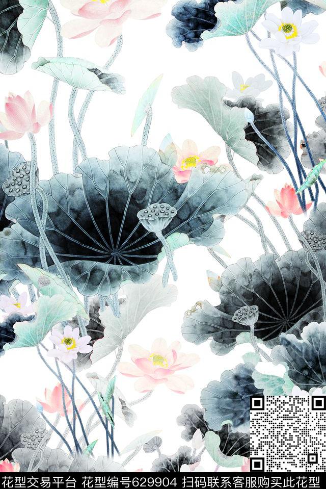 荷花花卉数码印花华亿平台下载（图片编号: 629904） - 瓦栏（Walan）