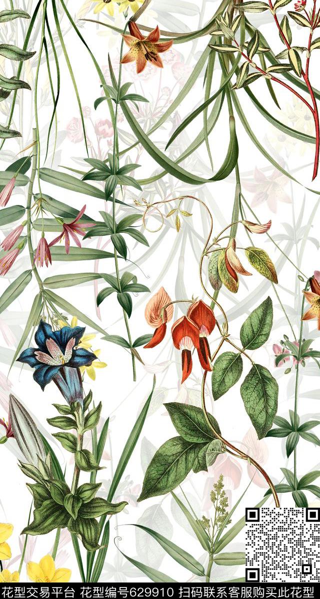 植物清爽底花卉花卉数码印花华亿平台下载（图片编号: 629910） - 瓦栏（Walan）