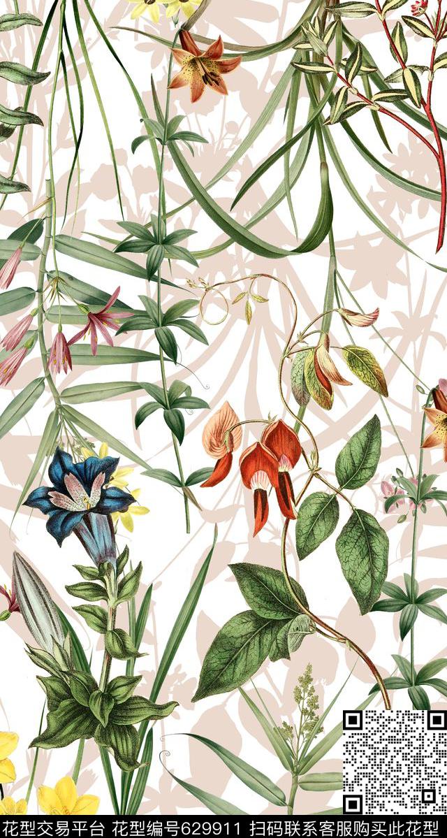 植物清爽底花卉花卉数码印花华亿平台下载（图片编号: 629911） - 瓦栏（Walan）