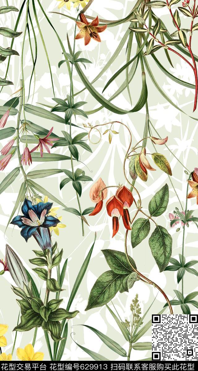 植物清爽底花卉花卉数码印花华亿平台下载（图片编号: 629913） - 瓦栏（Walan）