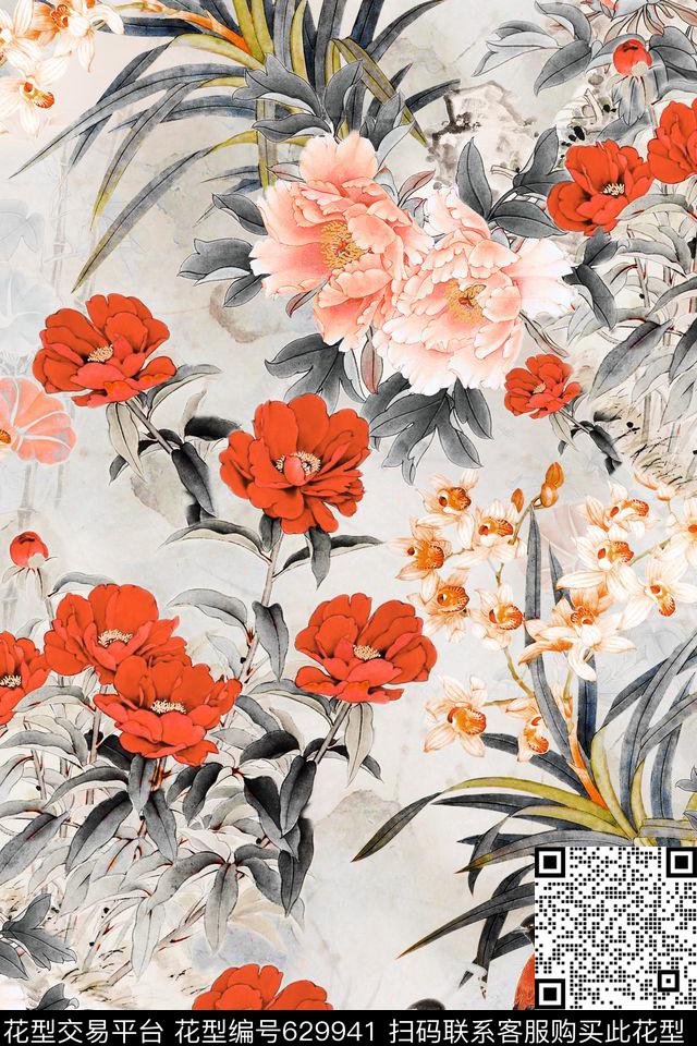 中国风花卉工笔画数码印花华亿平台下载（图片编号: 629941） - 瓦栏（Walan）