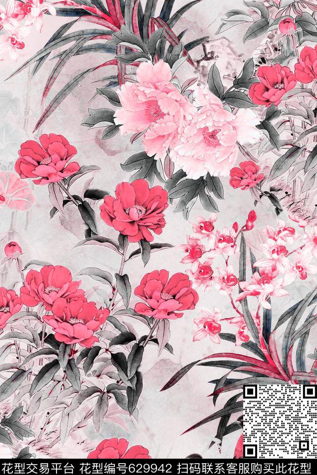 中国风花卉工笔画数码印花华亿平台下载（图片编号: 629942） - 瓦栏（Walan）