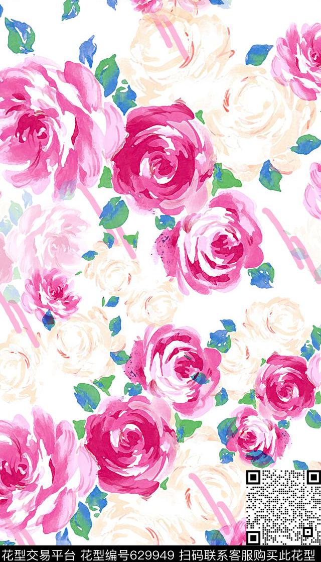 手绘花卉牡丹花朵数码印花华亿平台下载（图片编号: 629949） - 瓦栏（Walan）