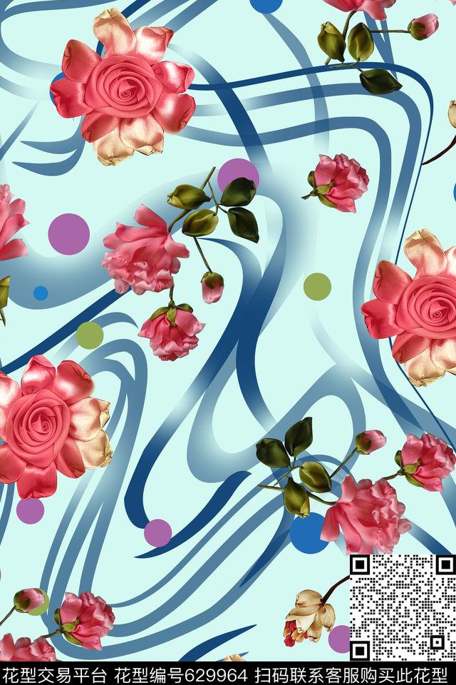 花卉抽象组合数码印花华亿平台下载（图片编号: 629964） - 瓦栏（Walan）