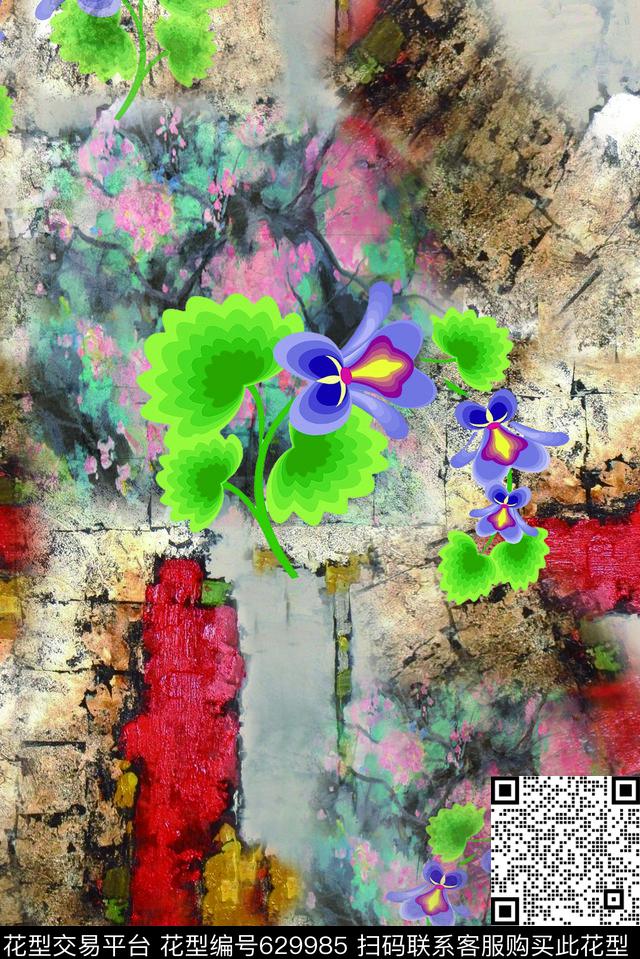 复古花卉写意数码印花华亿平台下载（图片编号: 629985） - 瓦栏（Walan）