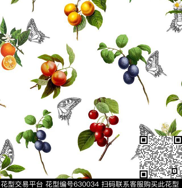 水果蝴蝶植物数码印花华亿平台下载（图片编号: 630034） - 瓦栏（Walan）