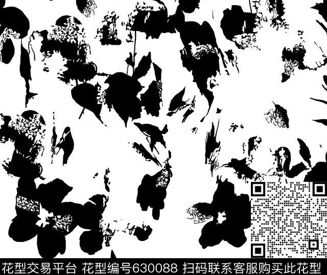 黑白花卉简单传统印花华亿平台下载（图片编号: 630088） - 瓦栏（Walan）