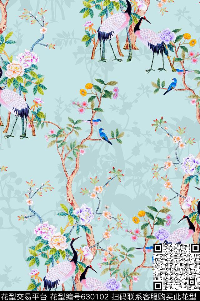 中国风手绘花枝花卉松鹤数码印花华亿平台下载（图片编号: 630102） - 瓦栏（Walan）