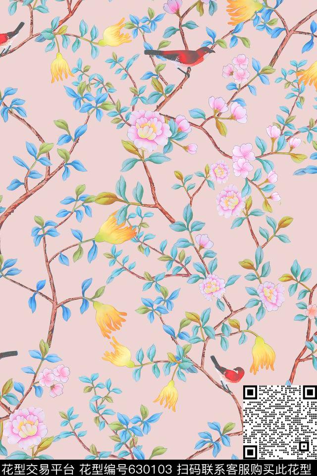 中国风手绘花枝花卉小鸟数码印花华亿平台下载（图片编号: 630103） - 瓦栏（Walan）