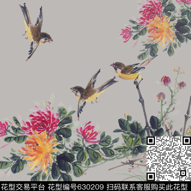 手绘花鸟花卉数码印花华亿平台下载（图片编号: 630209） - 瓦栏（Walan）