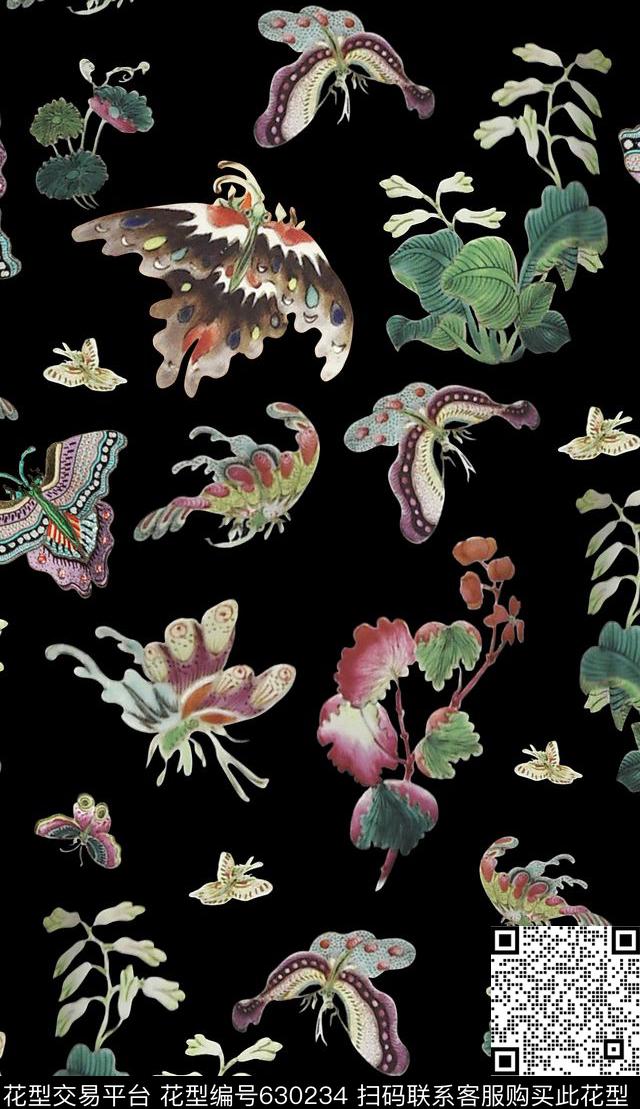 传统中式蝴蝶数码印花华亿平台下载（图片编号: 630234） - 瓦栏（Walan）