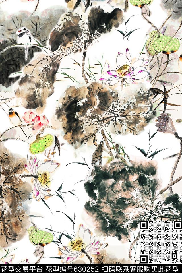 中国风水墨荷花数码印花华亿平台下载（图片编号: 630252） - 瓦栏（Walan）
