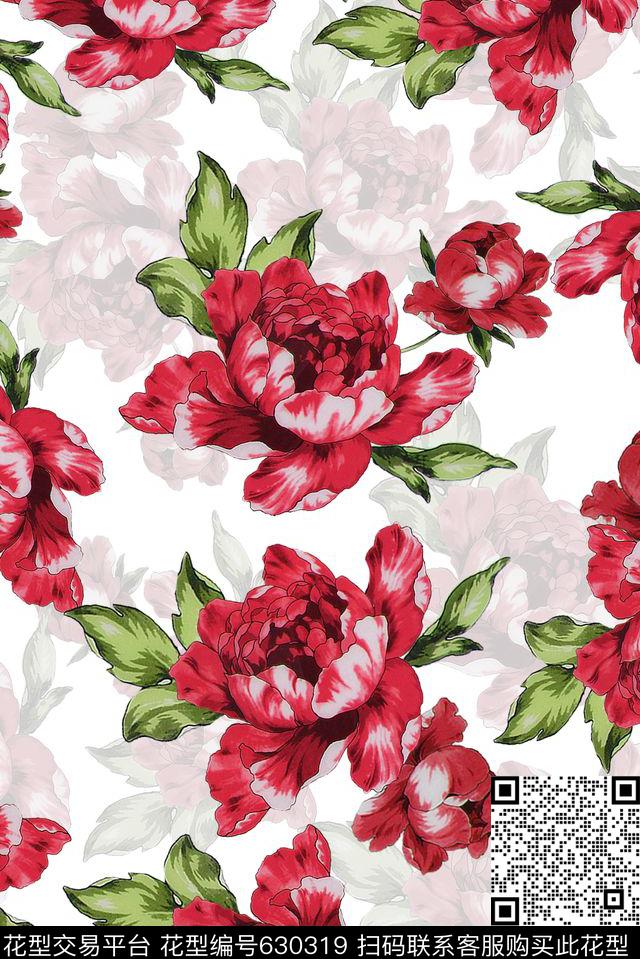 牡丹花卉花朵数码印花华亿平台下载（图片编号: 630319） - 瓦栏（Walan）