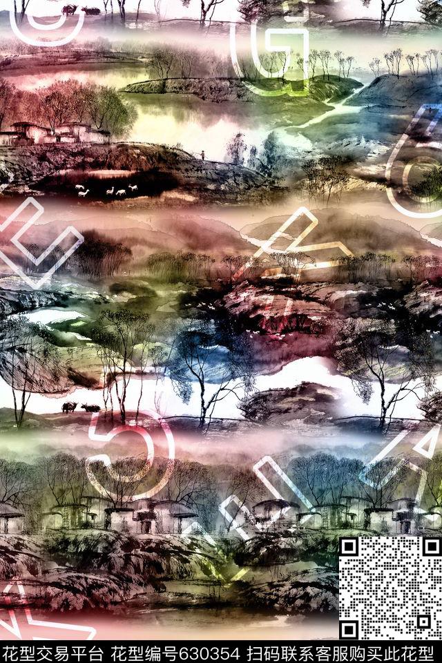 风景水乡水墨数码印花华亿平台下载（图片编号: 630354） - 瓦栏（Walan）