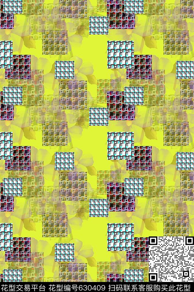 异样格子方块组合花卉数码印花华亿平台下载（图片编号: 630409） - 瓦栏（Walan）