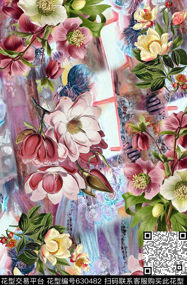 时尚抽象手绘花卉植物数码印花时尚潮流女装裙子抽象油画印花美丽的女子印花数码印花华亿平台下载（图片编号: 630482） - 瓦栏（Walan）