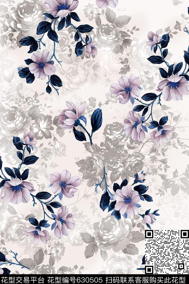 水彩小花传统华亿平台黑白底纹传统印花华亿平台下载（图片编号: 630505） - 瓦栏（Walan）