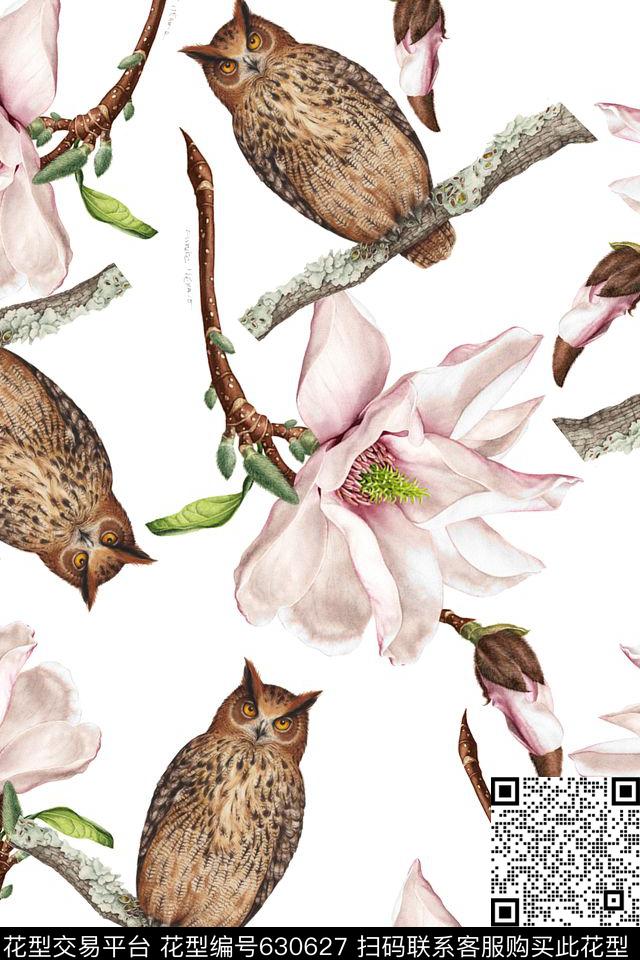 猫头鹰、花卉数码印花华亿平台下载（图片编号: 630627） - 瓦栏（Walan）