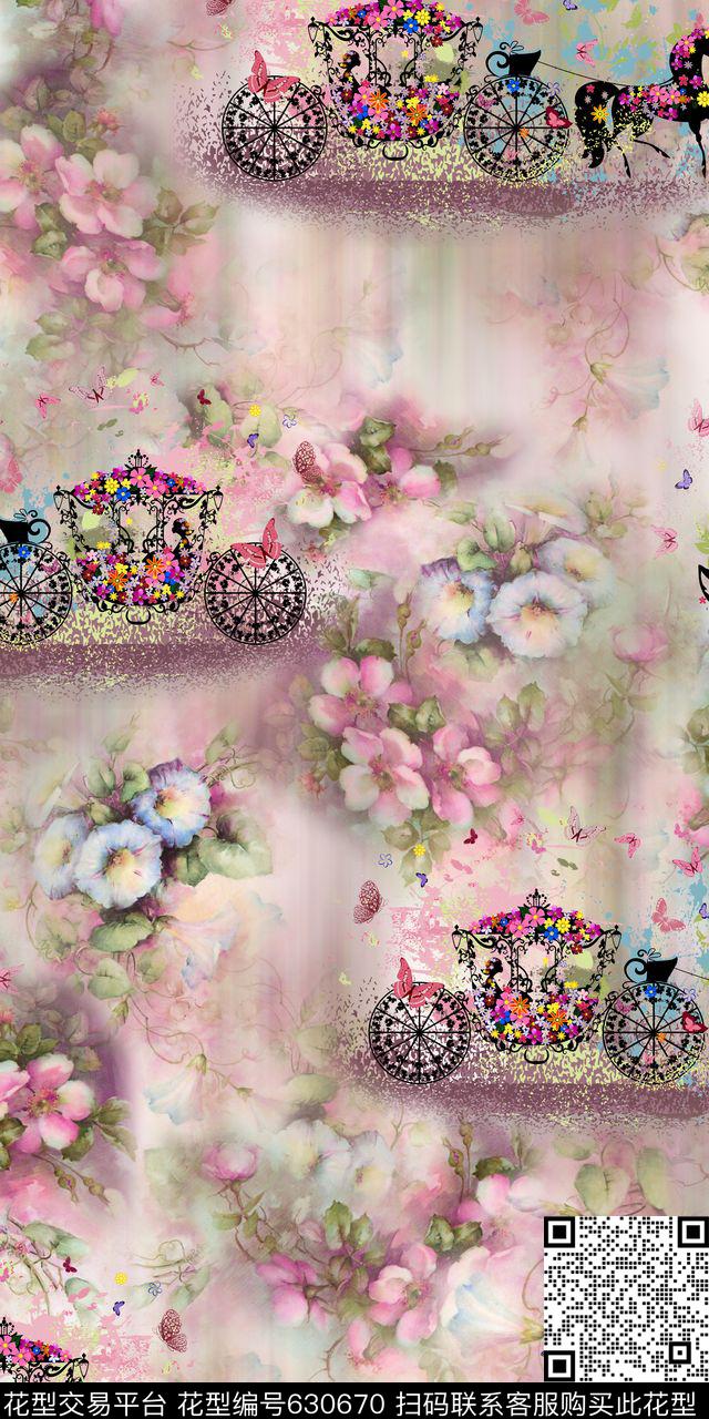 花卉马车流行时尚数码印花华亿平台下载（图片编号: 630670） - 瓦栏（Walan）