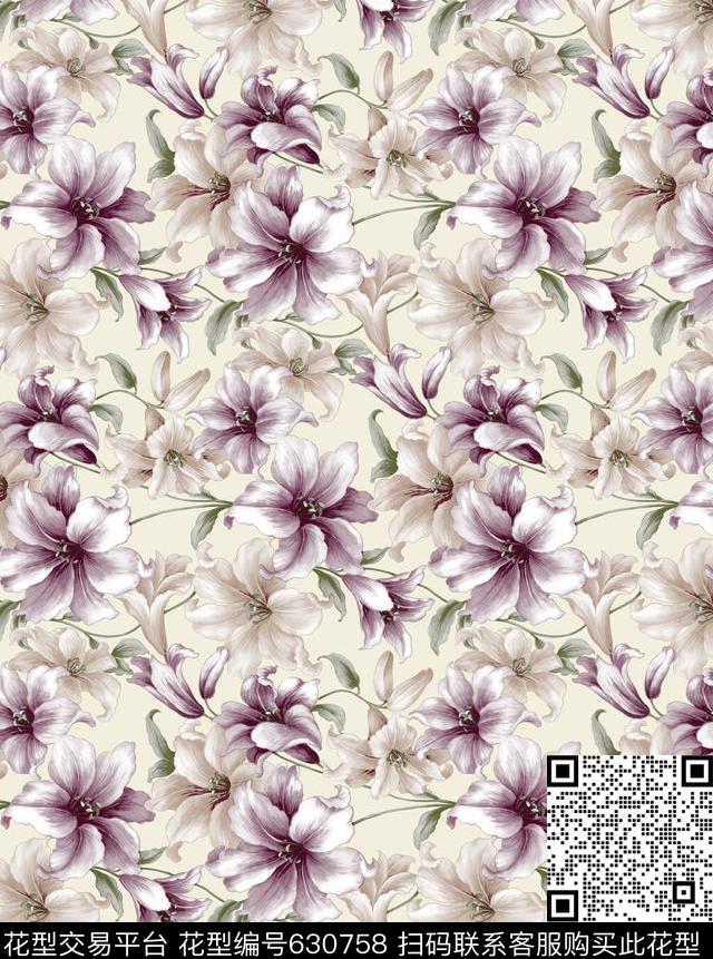 窗帘百合花朵传统印花华亿平台下载（图片编号: 630758） - 瓦栏（Walan）