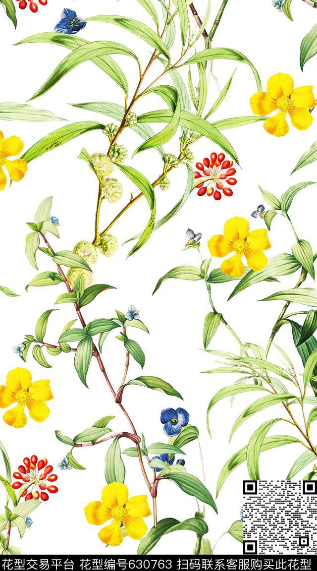 树叶花朵花卉数码印花华亿平台下载（图片编号: 630763） - 瓦栏（Walan）