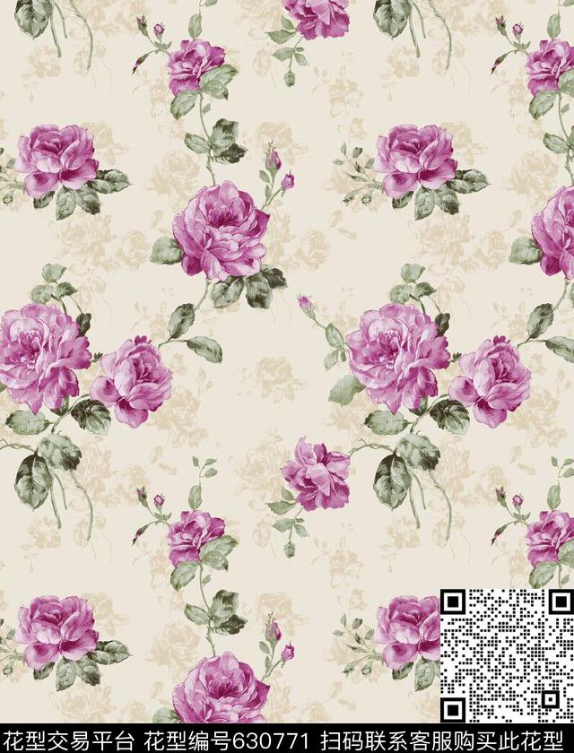 窗帘玫瑰花朵传统印花华亿平台下载（图片编号: 630771） - 瓦栏（Walan）