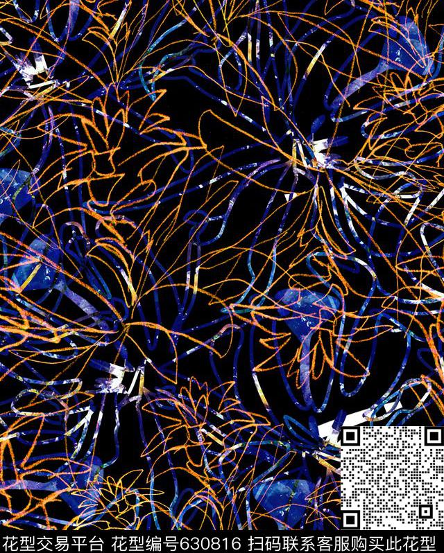 抽象线条花卉数码印花华亿平台下载（图片编号: 630816） - 瓦栏（Walan）