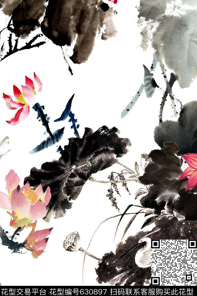 水墨荷花民族风中国风数码印花华亿平台下载（图片编号: 630897） - 瓦栏（Walan）