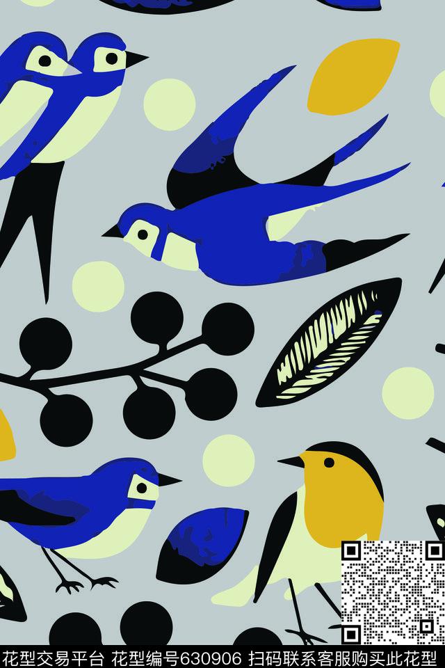 鸟圆点叶子传统印花华亿平台下载（图片编号: 630906） - 瓦栏（Walan）