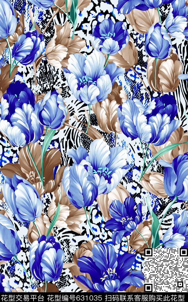 郁金香花朵豹纹底数码印花华亿平台下载（图片编号: 631035） - 瓦栏（Walan）