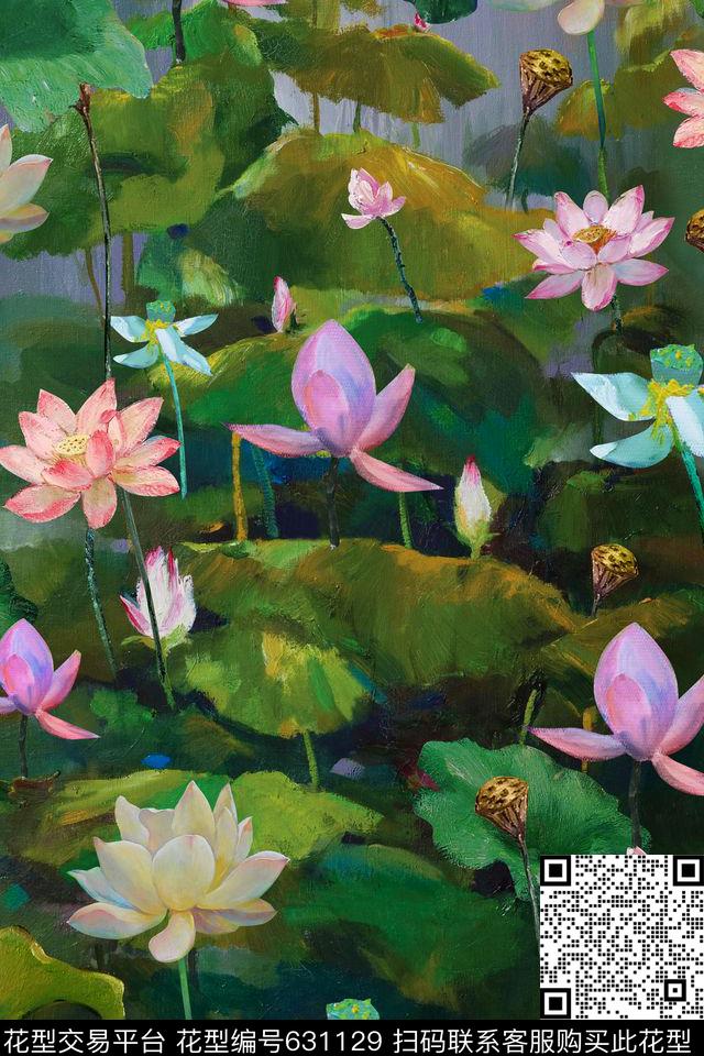 油画手绘荷花数码印花华亿平台下载（图片编号: 631129） - 瓦栏（Walan）