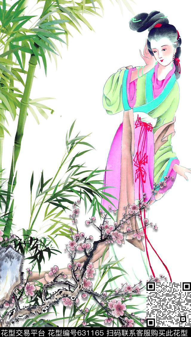 旗袍女装裙装中国风水墨风景水墨竹子数码印花华亿平台下载（图片编号: 631165） - 瓦栏（Walan）
