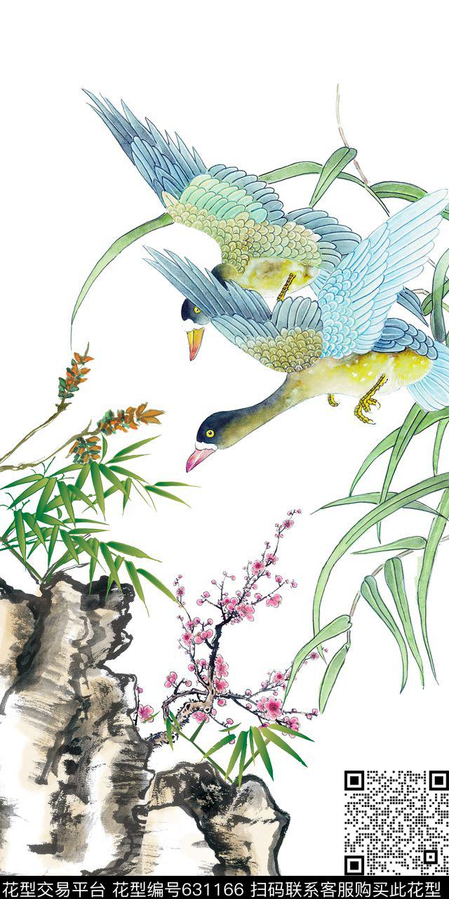 水墨竹子山水画旗袍女装裙装数码印花华亿平台下载（图片编号: 631166） - 瓦栏（Walan）