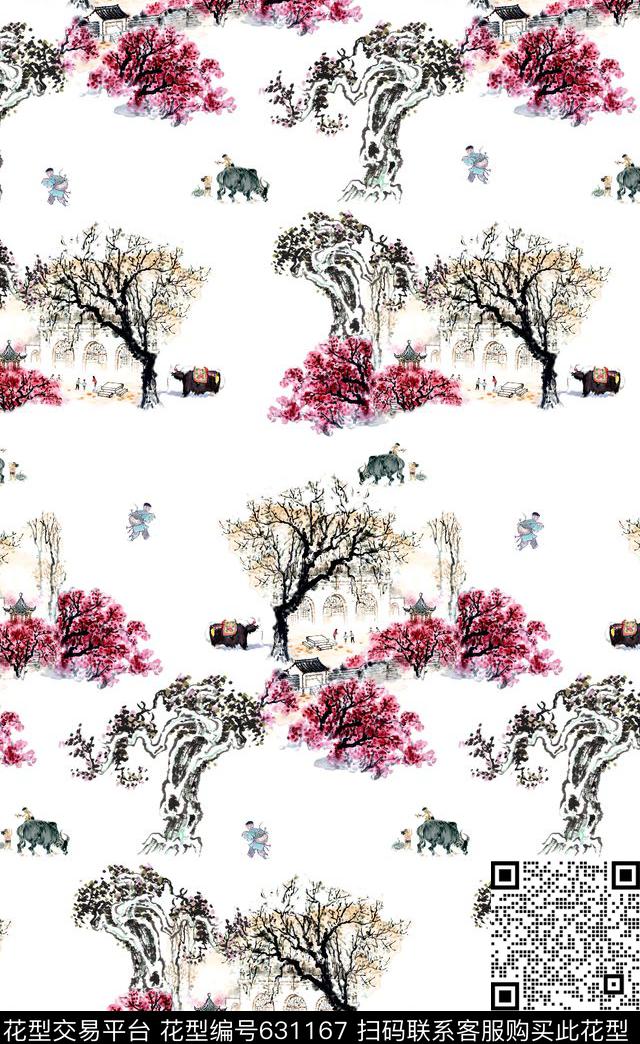 手绘可爱趣味男装女装图案中国风水墨风景传统印花华亿平台下载（图片编号: 631167） - 瓦栏（Walan）