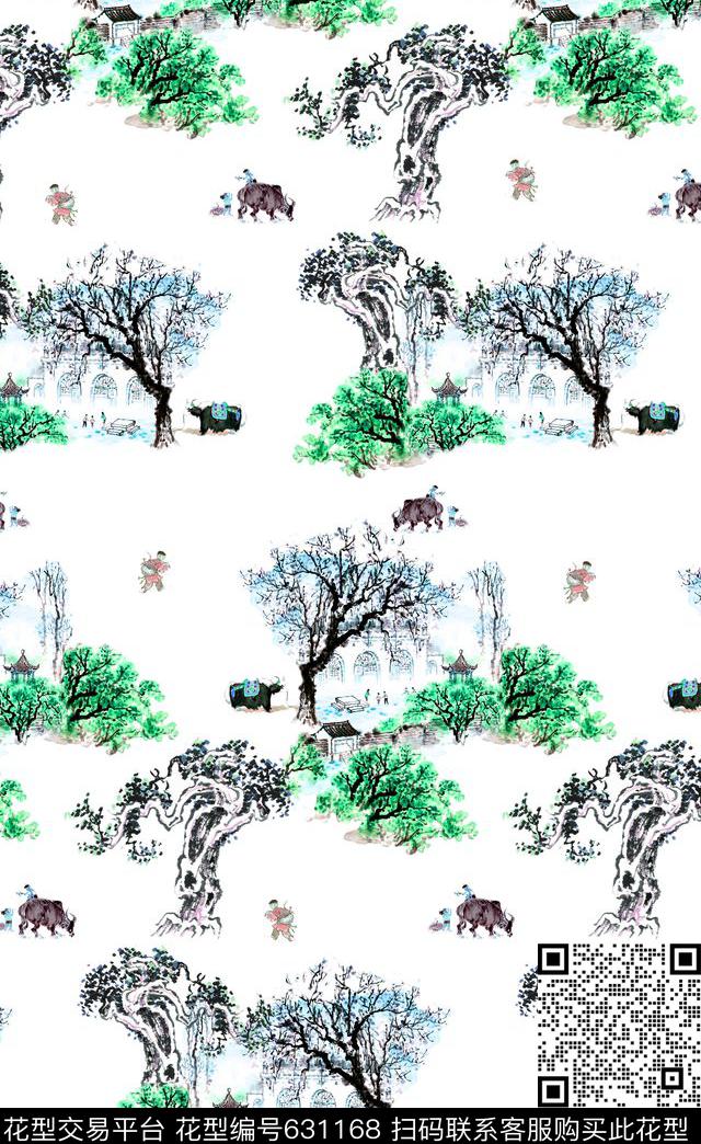 手绘可爱趣味男装女装图案中国风水墨风景传统印花华亿平台下载（图片编号: 631168） - 瓦栏（Walan）