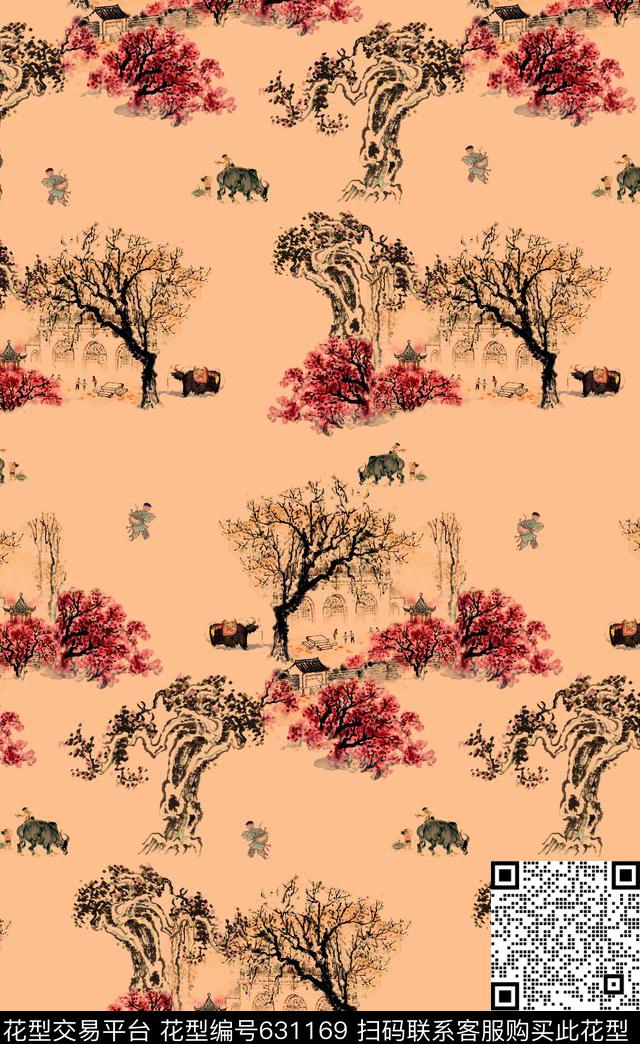 手绘可爱趣味男装女装图案中国风水墨风景传统印花华亿平台下载（图片编号: 631169） - 瓦栏（Walan）