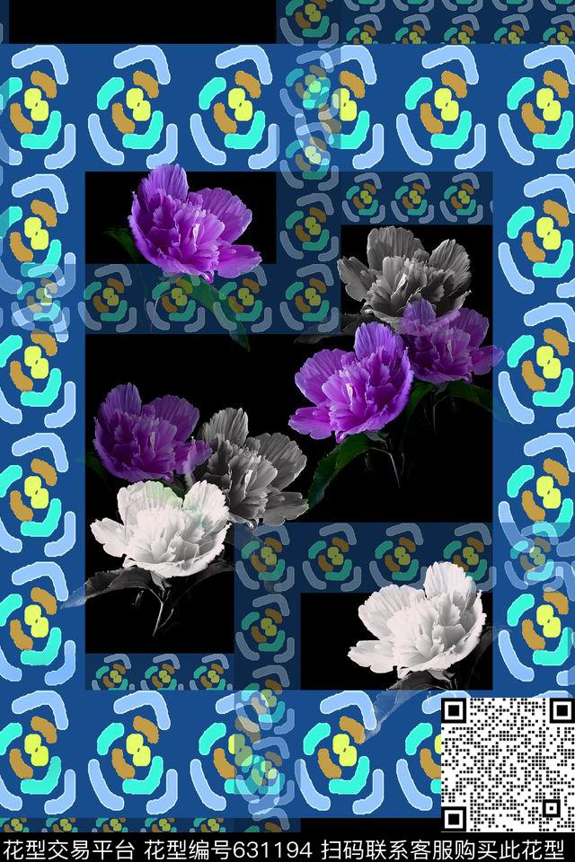 时尚男士格子方框花卉组合数码印花华亿平台下载（图片编号: 631194） - 瓦栏（Walan）