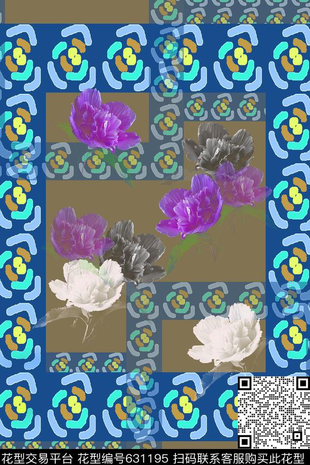 时尚男士格子方框花卉组合数码印花华亿平台下载（图片编号: 631195） - 瓦栏（Walan）