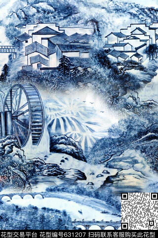 国画山水画青花瓷数码印花华亿平台下载（图片编号: 631207） - 瓦栏（Walan）