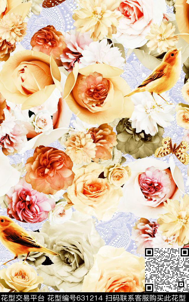玫瑰花朵蕾丝底数码印花华亿平台下载（图片编号: 631214） - 瓦栏（Walan）
