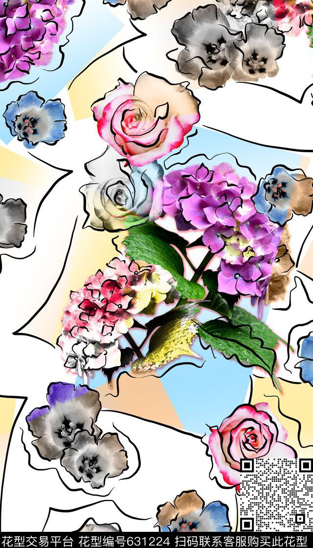 花卉、线条、几何色块数码印花华亿平台下载（图片编号: 631224） - 瓦栏（Walan）