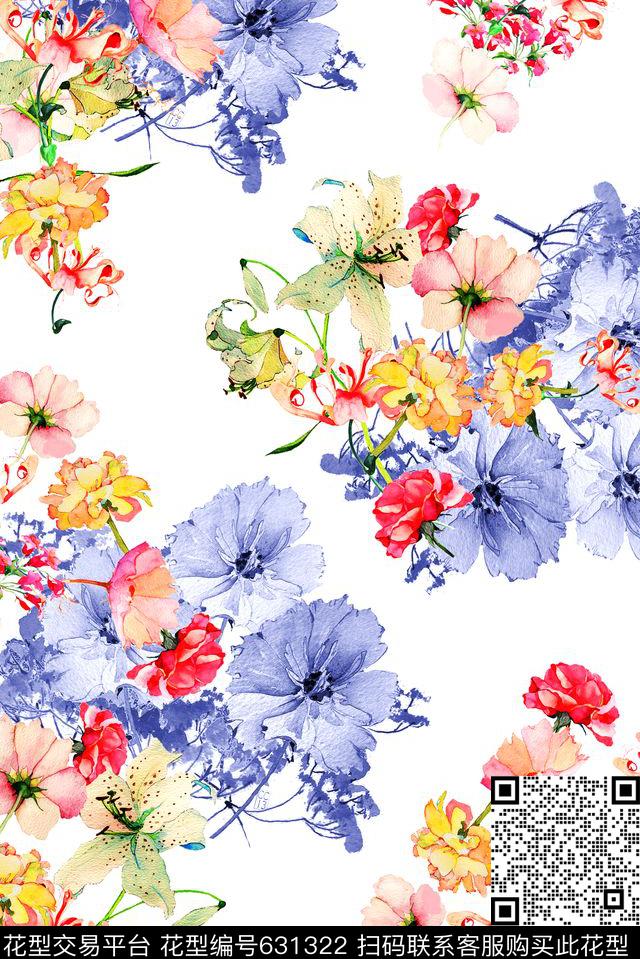 清爽淡雅水彩花卉数码印花华亿平台下载（图片编号: 631322） - 瓦栏（Walan）