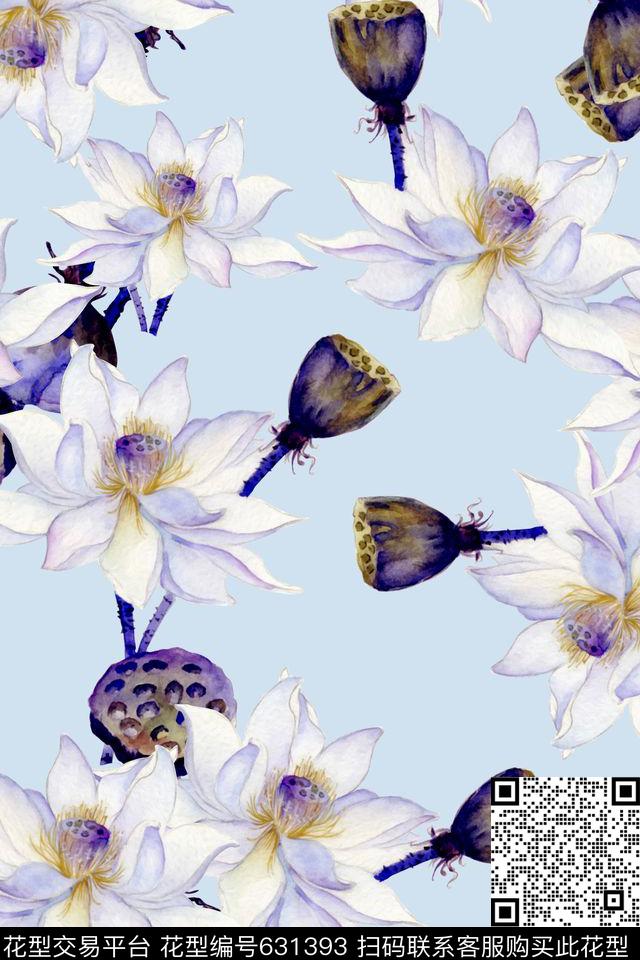 水彩花卉荷花数码印花华亿平台下载（图片编号: 631393） - 瓦栏（Walan）