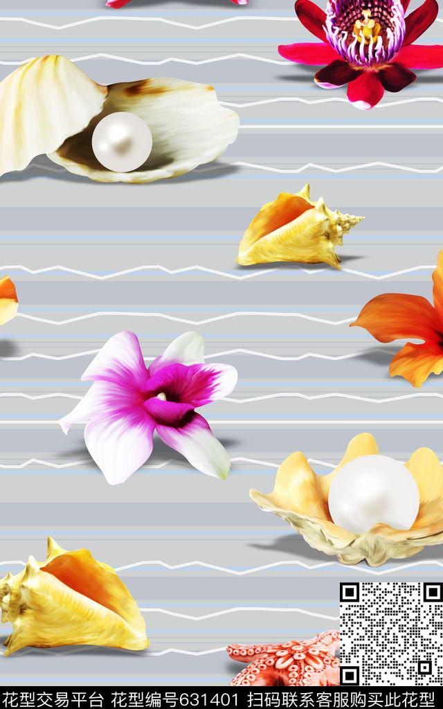 小清新珍珠贝花朵数码印花华亿平台下载（图片编号: 631401） - 瓦栏（Walan）